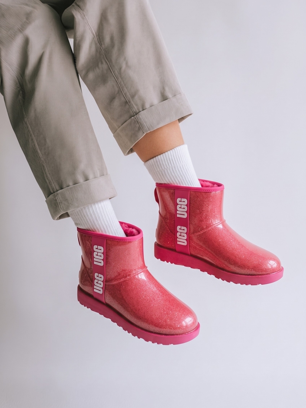NEW UGG Pink Glitter Classic Short Rain Booties